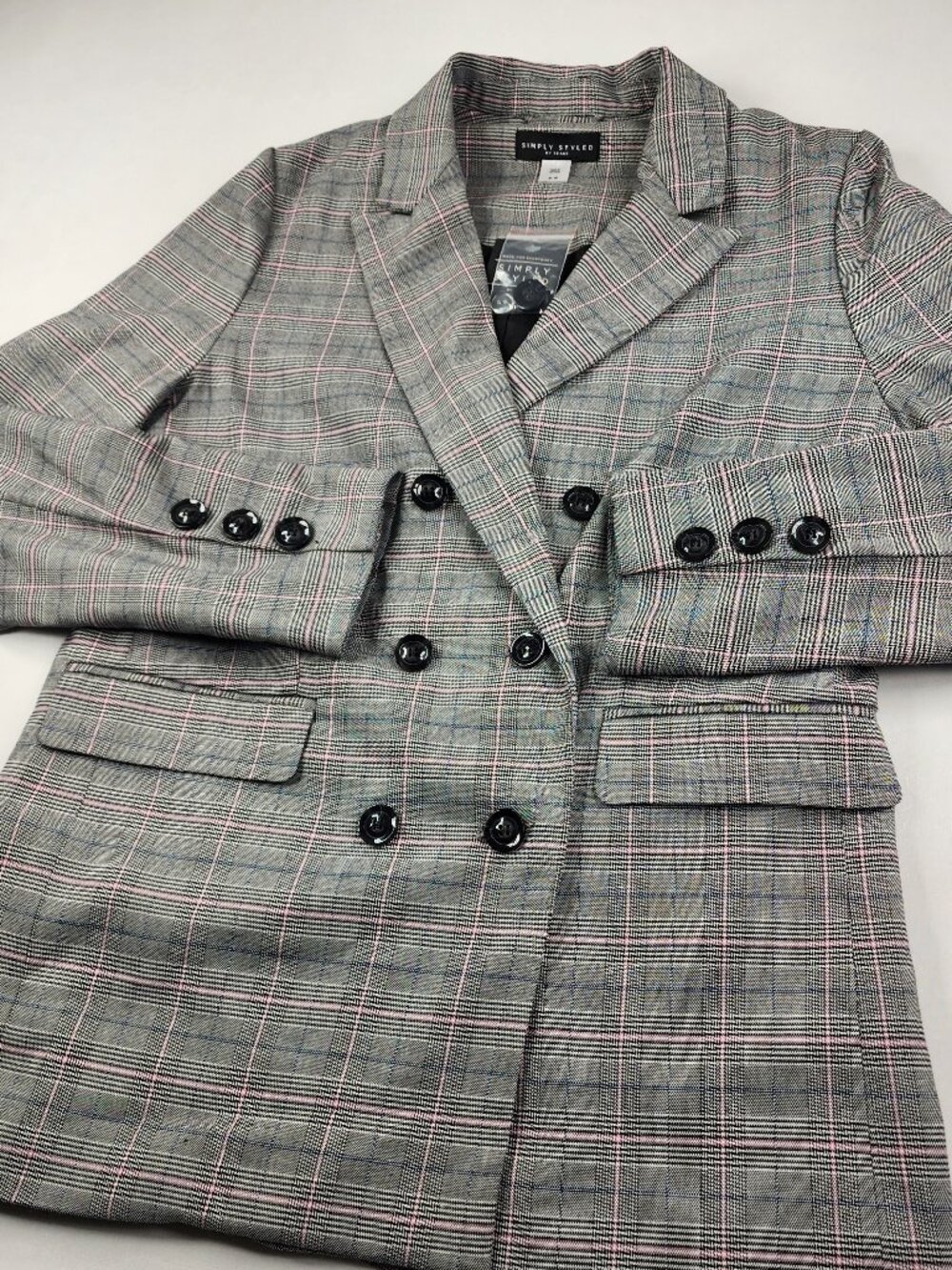 Simply Styled Sears Womens M Black Onyx Pink Plaid Double Breasted Blazer NWT